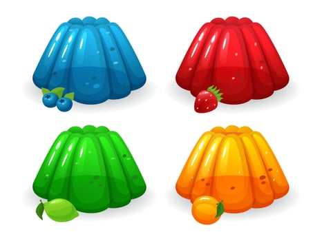 Cartoon jelly. Sweet blueberry, strawberry, lime and peach taste jellies. Colorful gelatin dessert isolated illustration set vector