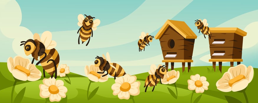 Cartoon apiary. Honey bees fly around hives and blooming flowers at flower meadow illustration vector