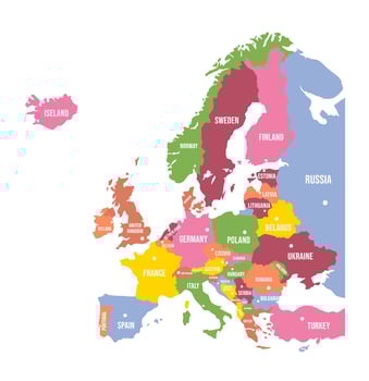 Colorful Europe map. Countries and borders, political map of Europe continent with capitals illustration vector