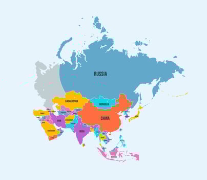 Asia continent political map. Tapestry of Asia with country borders and names isolated infographic illustration vector