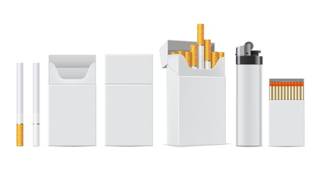 Cigarette product mockup. Realistic cigarettes, white lighter, pack of matches and cigarette box package isolated template set vector