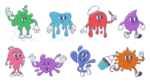 Cartoon paint splash mascot. Color stain blob characters, ink splash spot and paint drop illustration set vector