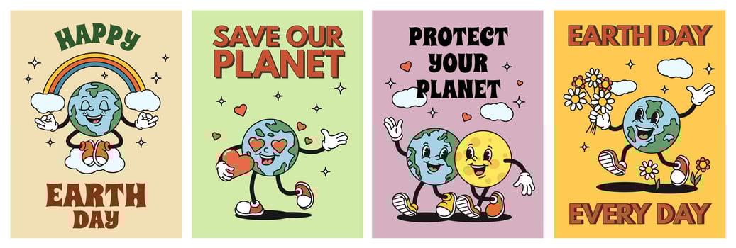 Cartoon planet Earth posters. Happy Earth day sticker, save our planet flyer with retro globe mascot character illustration set vector
