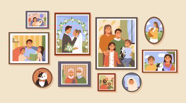 Cartoon family life photo frames. Memories wall with family history photos, children portraits and marriage picture illustration vector