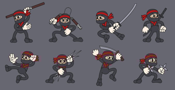 Cartoon ninja mascot. Cute Asian warrior in fighting poses with katana sword, nunchucks, shuriken and sai illustration set vector