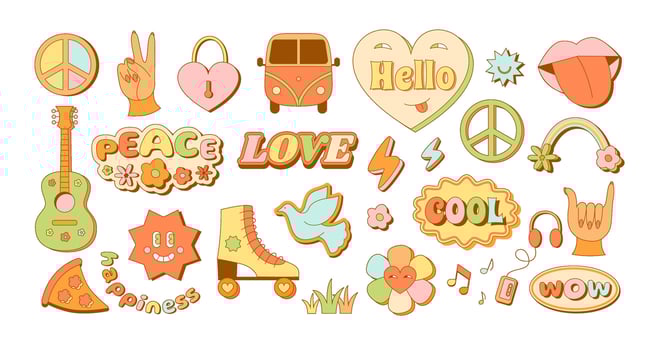 Retro hippie emblem templates. Cute funky hipster stickers, 90s peace and rainbow love signs illustration set vector
