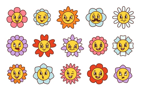 Cartoon flower faces. Happy smiling floral characters with various facial expressions, cute face with flower petals set vector