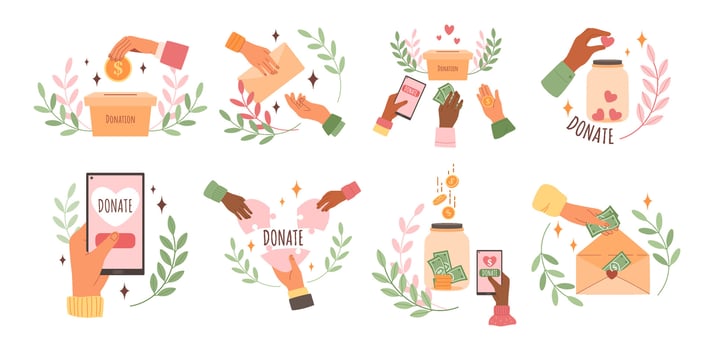 Send donation. Hands contributing money by online transactions, cash in donation boxes and charity jars illustration set vector