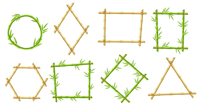 Bamboo frames. Brown bamboo sticks border frame, wooden and green shapes with leaves isolated illustration set vector