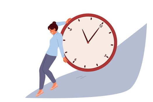 Deadlines put pressure on woman trying to stop time, holding back watch rolling down mountain vector
