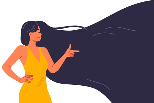 Woman with beautiful smooth hair recommends shampoo for getting perfect hairstyle vector