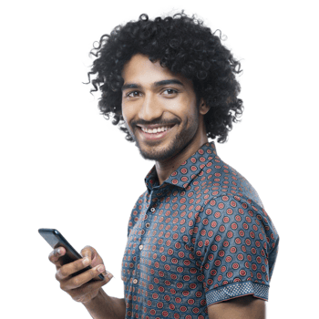 Man with curly hair holding a smartphone, smiling png