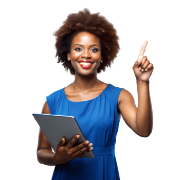 Woman in blue dress holding a tablet and pointing upwards, smiling png