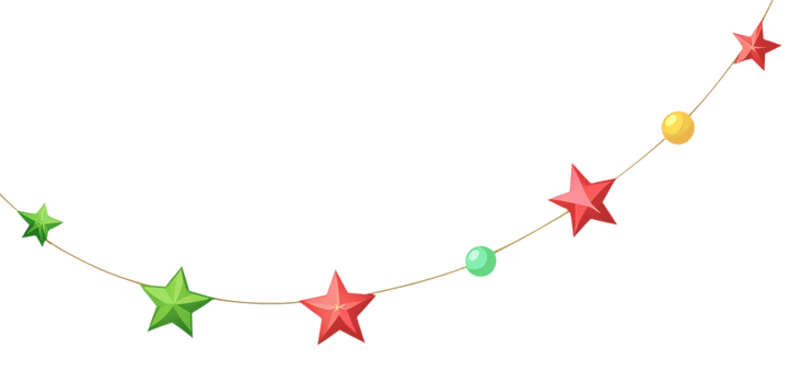 Christmas multicolored stars suspended on a string, festive decoration, on an isolated transparent background png