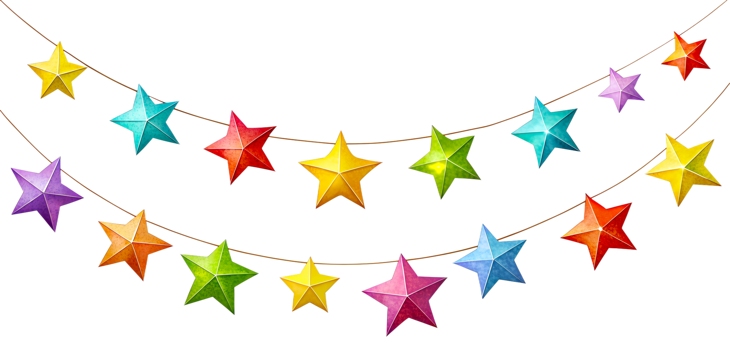 Christmas multicolored stars suspended on a string, festive decoration, on an isolated transparent background png