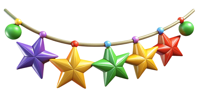 Christmas multicolored stars suspended on a string, festive decoration, on an isolated transparent background png