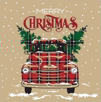 Christmas Vintage Red Truck with Plaid Pattern, Pine tree, and merry christmas wordings-Christmas design vector
