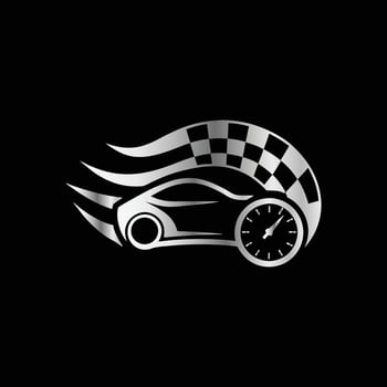 Car racing logo with speedometer, race car and checkered flag vector