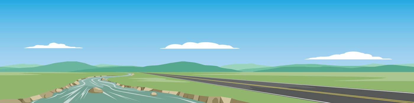 Horizontal or landscape of smooth asphalt road beside a river. Surrounded by green grass with mountain under the blue sky and white clouds. vector