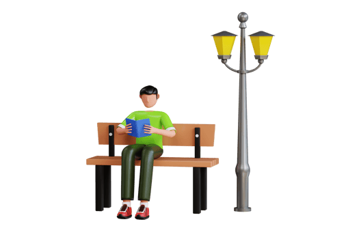 Man reading book in park 3d illustration. Man Sitting on Bench in Garden and Reading a Book 3D Illustration png
