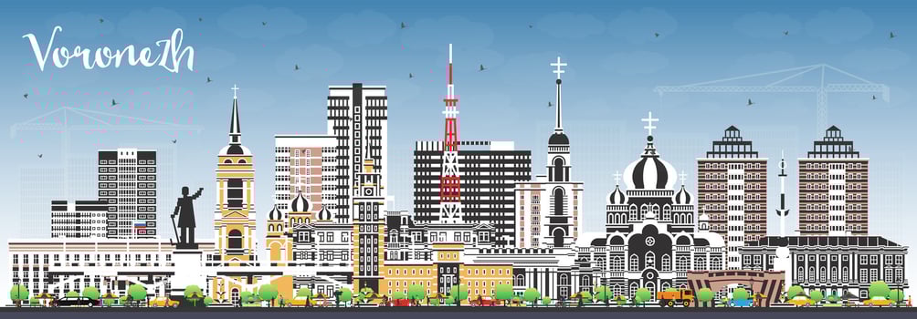 Voronezh Russia city skyline with color buildings and blue sky. Voronezh cityscape with landmarks. Business travel and tourism concept with modern and historic architecture. vector