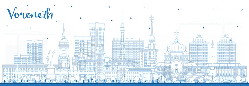 Outline Voronezh Russia city skyline with blue buildings. Voronezh cityscape with landmarks. Business travel and tourism concept with modern and historic architecture. vector