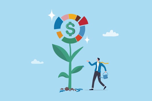 Investment portfolio, asset allocation to build passive income, wealth management or mutual fund planning, investment growth concept, businessman watering grow plant of investing portfolio pie chart. vector