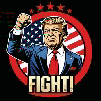 Bold Donald Trump Digital Painting T-Shirt with American Flag and FIGHT Text Black T Shirt Design vector