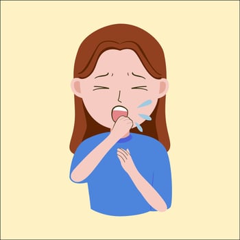 illustration of a woman sick symptoms, cough, woman in blue shirt, isolated light yellow background vector