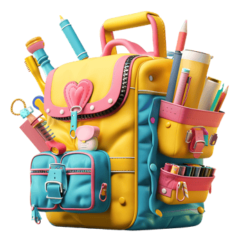3D backpack with various school stationery illustration png