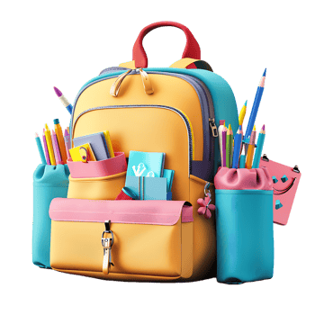 3D backpack with various school stationery illustration png