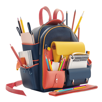3D backpack with various school stationery illustration png