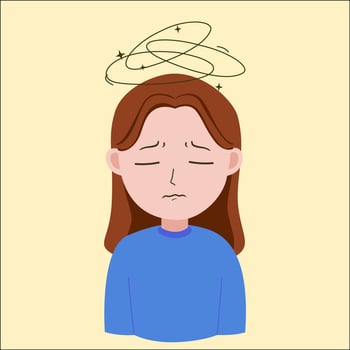 Illustration of woman feels sick symptoms , dizzy, headache, stres, isolated on light yellow background vector