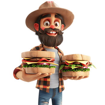 A cartoon character watches as a man with a beard and a hat holds sandwiches png