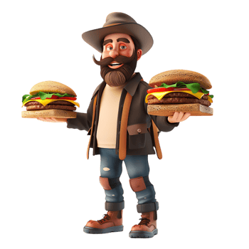 A cartoon character watches as a man with a beard and a hat holds sandwiches png
