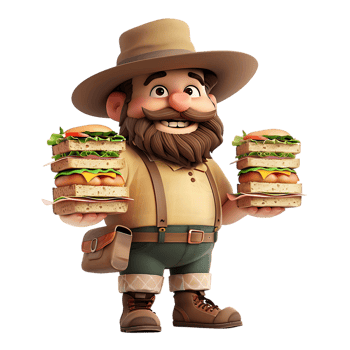 A cartoon character watches as a man with a beard and a hat holds sandwiches png