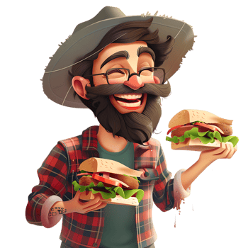 A cartoon character watches as a man with a beard and a hat holds sandwiches png