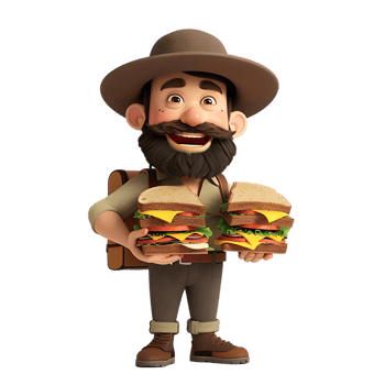 A cartoon character watches as a man with a beard and a hat holds sandwiches png