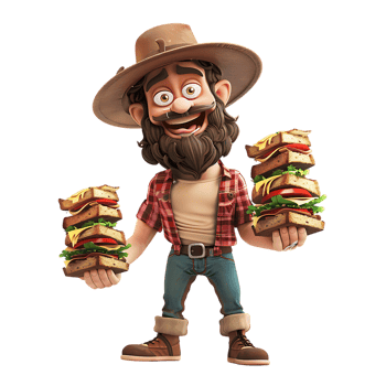 A cartoon character watches as a man with a beard and a hat holds sandwiches png