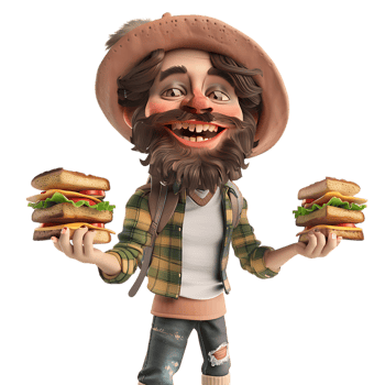 A cartoon character watches as a man with a beard and a hat holds sandwiches png