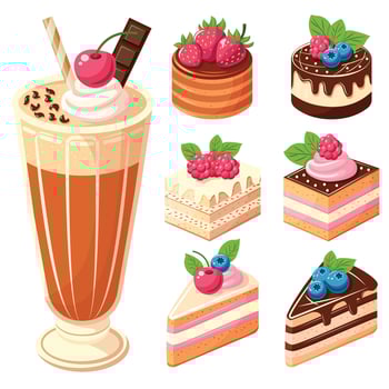 A set of six different types of cakes and a glass of chocolate milk. The cakes are of various sizes and flavors, including chocolate, strawberry, and blueberry vector