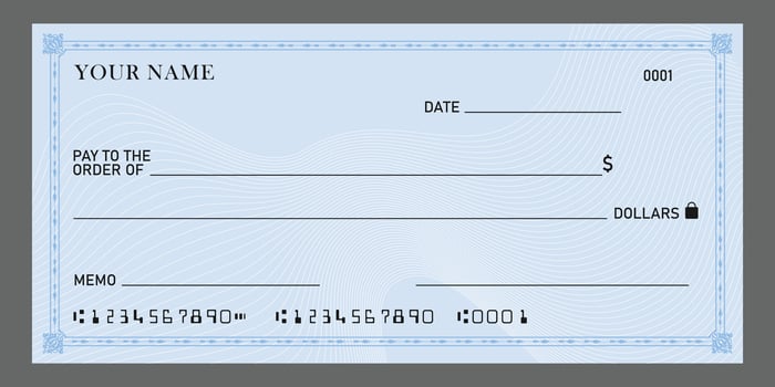 Bank check, blank money cheque, checkbook template. Currency payment coupon, money check background vector
