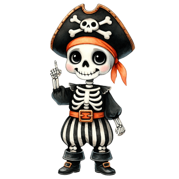 A whimsical pirate skeleton character with a playful pose and vibrant colors, perfect for Halloween or pirate-themed designs. png