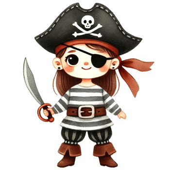 A cute pirate girl character in a striped outfit, wearing a hat and holding a sword, perfect for adventure-themed designs. png