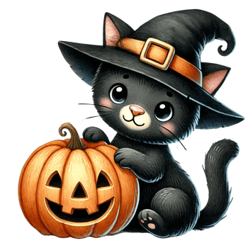 Cute black cat in witch hat with a carved pumpkin, perfect for Halloween decorations and festive illustrations. png