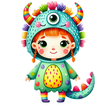 A cheerful girl in a colorful monster costume, perfect for children's illustrations, playful themes, and creative designs. png