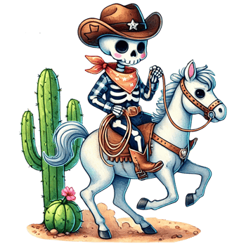A whimsical cowboy skeleton on a white horse, surrounded by cacti, perfect for Halloween or themed decorations. png