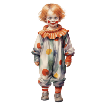 A young child dressed as a clown with red makeup and colorful clothing png