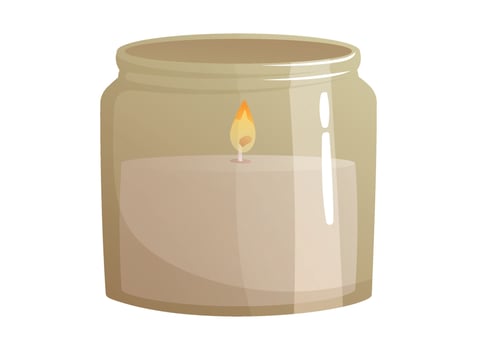 Decorative interior aromatic wax candle with flame in glass jar. isolated cartoon illustration. vector