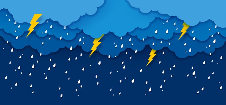 Paper cut rain sky, clouds with drops and bolts vector